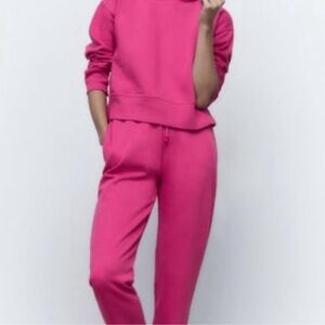 Zara Hooded Sweatshirt SET Top Large Bottom Medium NWT Hot Pink